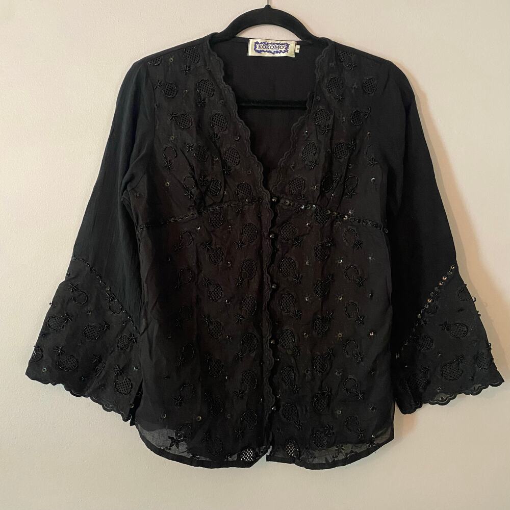 Kokomo Vintage Black Beaded Embroidered Sequin Cotton Blouse Boho Women's Small